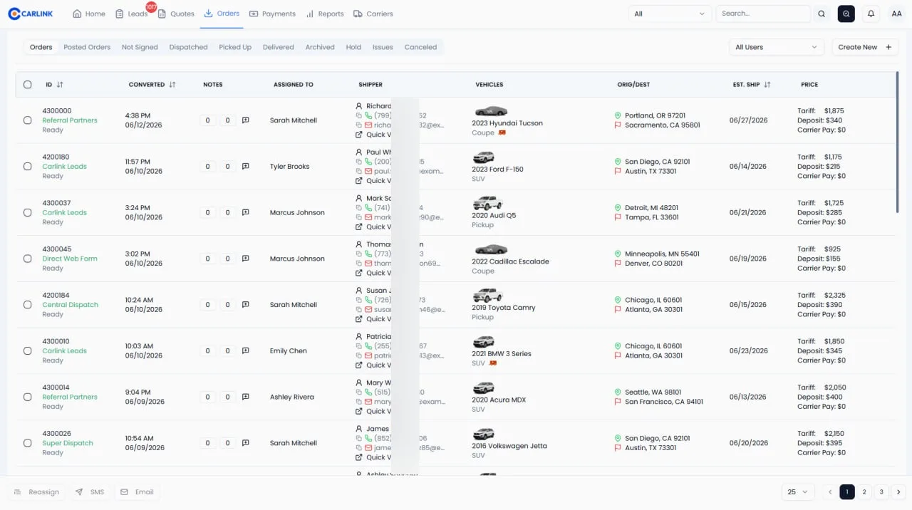 Carlink Orders board showing live order status, assigned agents, vehicles, routes, and pricing